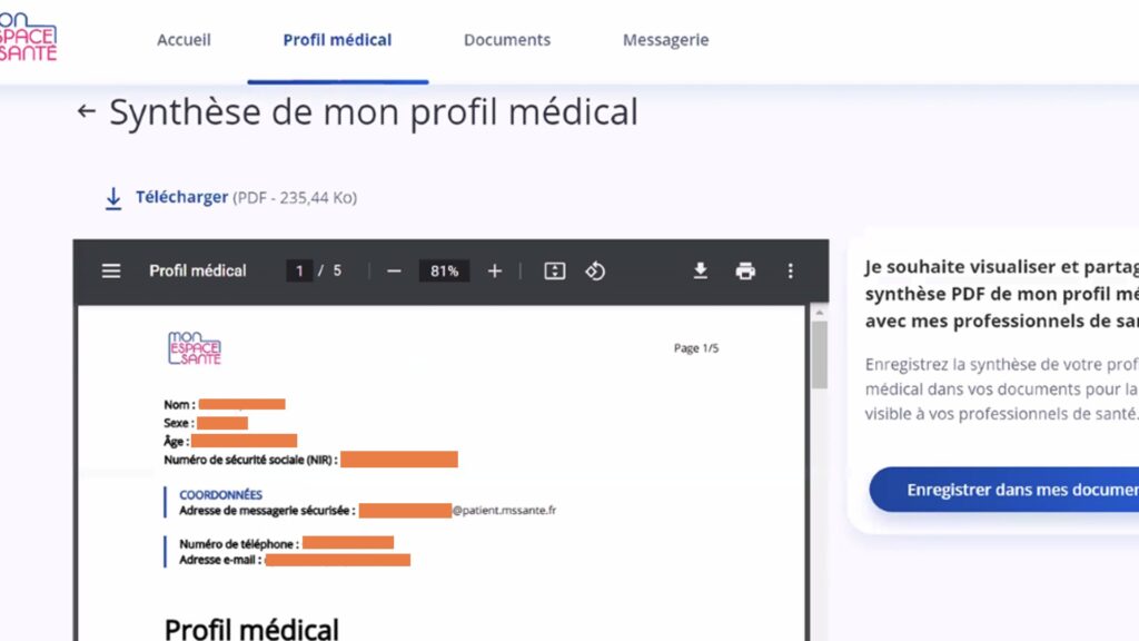Vous pouvez télécharger la synthèse de votre profil de santé en un seul document PDF. // Source : MonEspaceSanté Vous pouvez télécharger la synthèse de votre profil de santé en un seul document PDF. // Source : MonEspaceSanté
