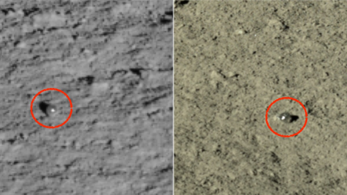 Les étranges globules repérés par Yutu 2 sur la Lune. // Source : Science China Press (image recadrée et annotée) Les étranges globules repérés par Yutu 2 sur la Lune. // Source : Science China Press (image recadrée et annotée)