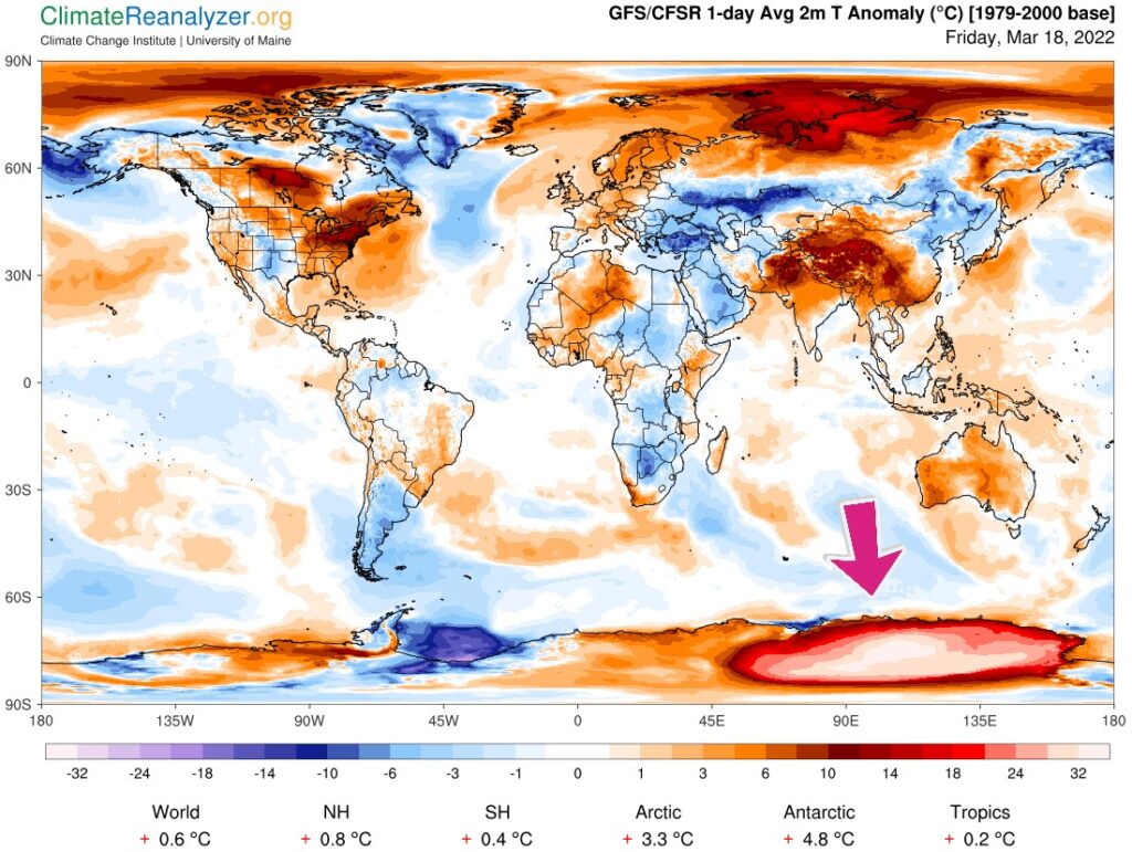L'anomalie en Antarctique est pointée par la flèche rose. // Source : ClimateReanalyser.org L'anomalie en Antarctique est pointée par la flèche rose. // Source : ClimateReanalyser.org