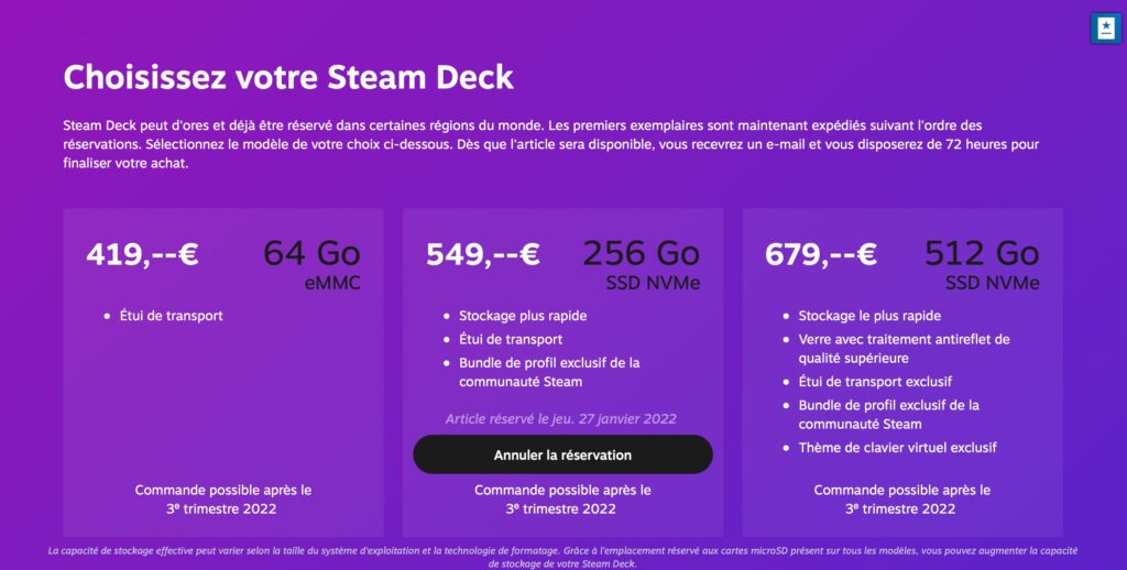 Page de réservation du Steam Deck // Source : Capture d'écran Page de réservation du Steam Deck // Source : Capture d'écran