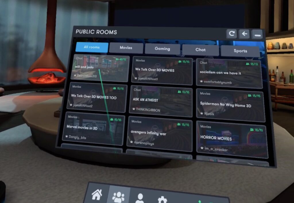 L'interface de Bigscreen, on peut choisir une salle pour s'y téléporter. // Source : Numerama L'interface de Bigscreen, on peut choisir une salle pour s'y téléporter. // Source : Numerama