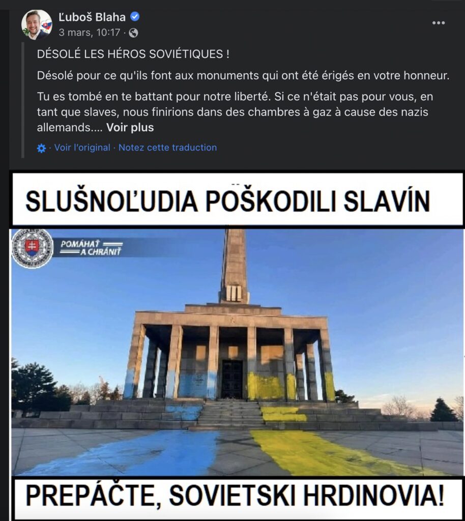Capture d'écran d'une publication pro-russe de Ľuboš Blaha Capture d'écran d'une publication pro-russe de Ľuboš Blaha
