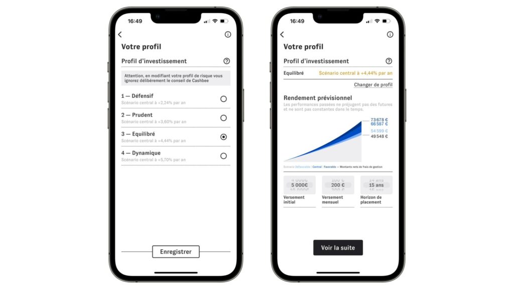 Une fois le profil défini, Cashbee vous affiche un rendement prévisionnel // Source : Cashbee Une fois le profil défini, Cashbee vous affiche un rendement prévisionnel // Source : Cashbee