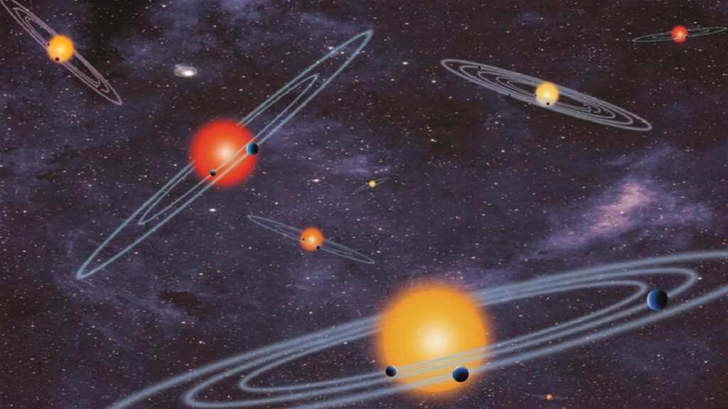 Illustration de systèmes exoplanétaires : l'étoile au centre et les planètes autour. // Source : NASA Illustration de systèmes exoplanétaires : l'étoile au centre et les planètes autour. // Source : NASA