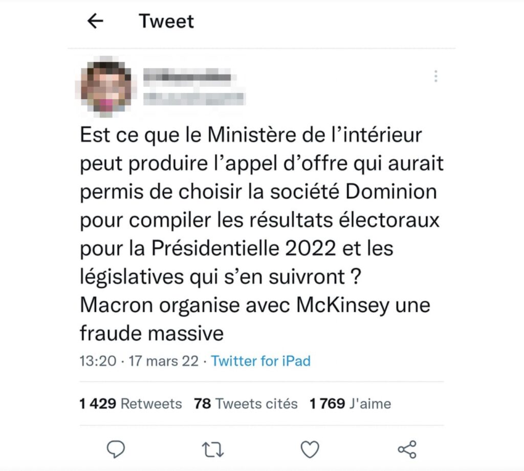 Une des premières publications accusant Macron d'organiser une fraude massive pour les élections // Source : Capture d'écran Numerama Une des premières publications accusant Macron d'organiser une fraude massive pour les élections // Source : Capture d'écran Numerama