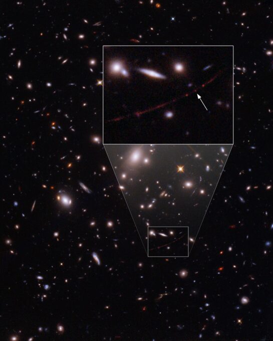 Postion de Earendel. // Source : NASA, ESA, B. Welch (JHU), D. Coe (STScI), A. Pagan (STScI) 