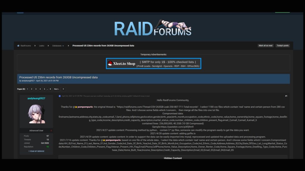 Exemple d'une fuite de données diffusée sur Raidforums. Exemple d'une fuite de données diffusée sur Raidforums.