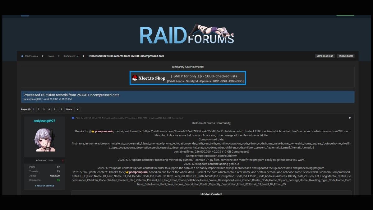 Exemple d'une fuite de données diffusée sur Raidforums. Exemple d'une fuite de données diffusée sur Raidforums.