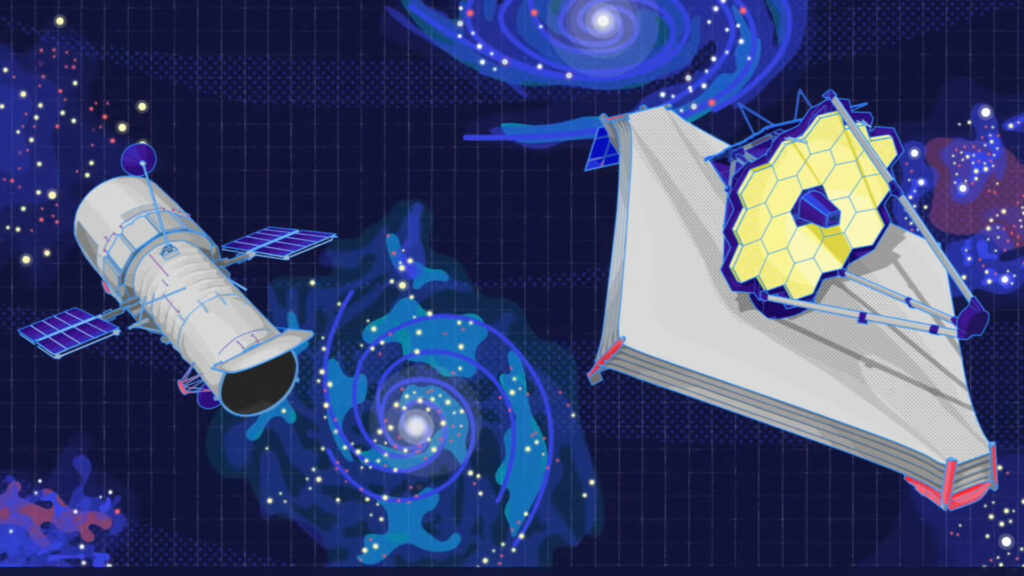 Hubble et James Webb, illustration. // Source : Capture d'écran YouTube James Webb Space Telescope (JWST) Hubble et James Webb, illustration. // Source : Capture d'écran YouTube James Webb Space Telescope (JWST)