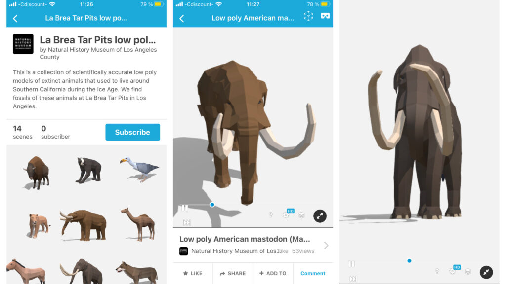 Les mammouths en AR dans l'app. // Source : Captures d'écran Sketchfab sur iPhone Les mammouths en AR dans l'app. // Source : Captures d'écran Sketchfab sur iPhone