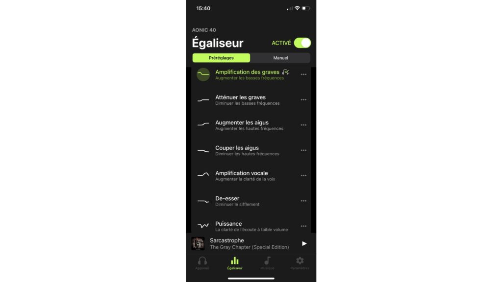 L'égaliseur du casque Shure Aonic 40 // Source : Capture iOS L'égaliseur du casque Shure Aonic 40 // Source : Capture iOS