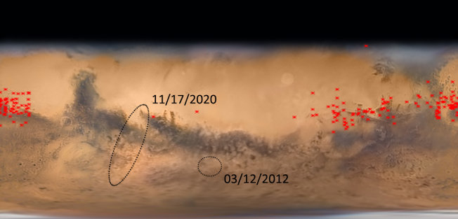 Emplacement du nuage (11/12/2020) sur Mars. // Source : CNRS Emplacement du nuage (11/12/2020) sur Mars. // Source : CNRS