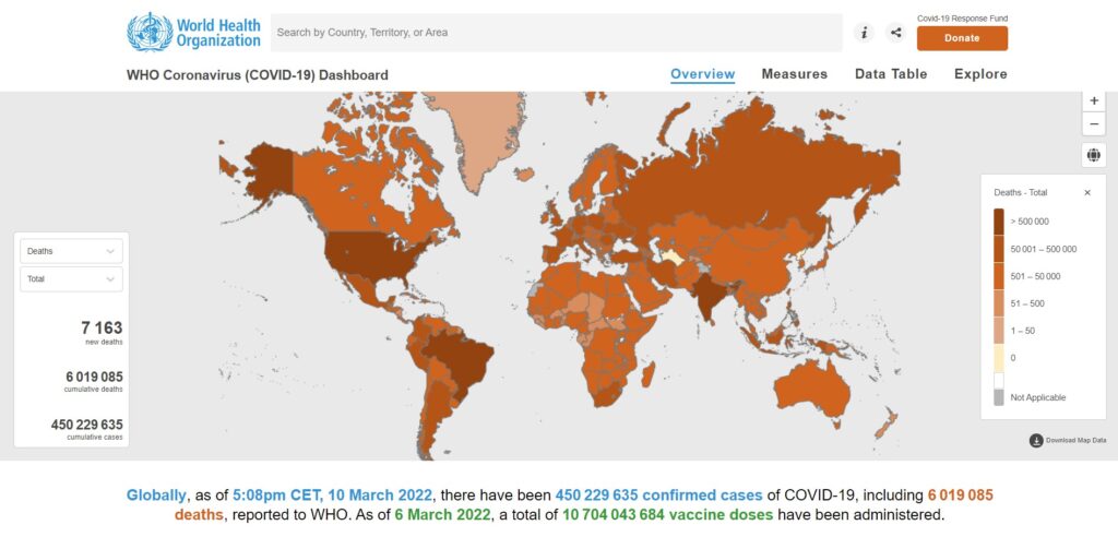 Tableau de bord de l'OMS au 11 mars 2022. // Source : OMS