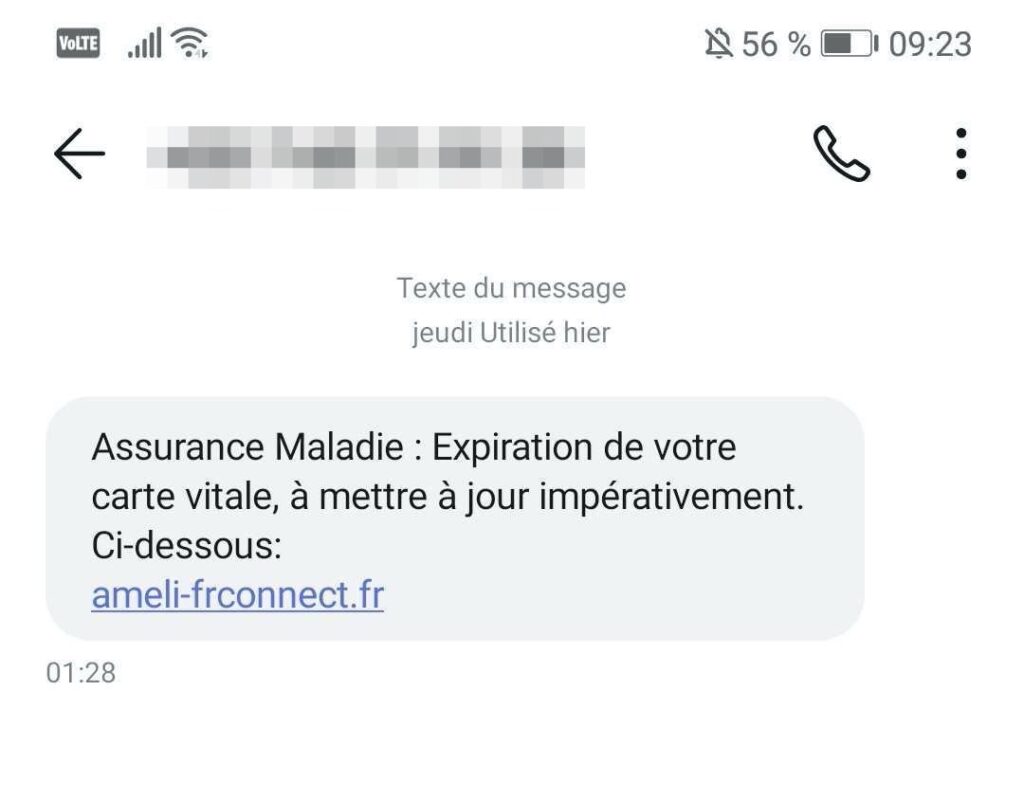 Le SMS contenant la tentative de phishing // Source : Capture d'écran Numerama Le SMS contenant la tentative de phishing // Source : Capture d'écran Numerama