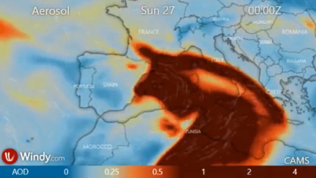 Ce nouvel épisode de vents venant du Sahara touchera le sud de la France. // Source : Images Windy.com Ce nouvel épisode de vents venant du Sahara touchera le sud de la France. // Source : Images Windy.com