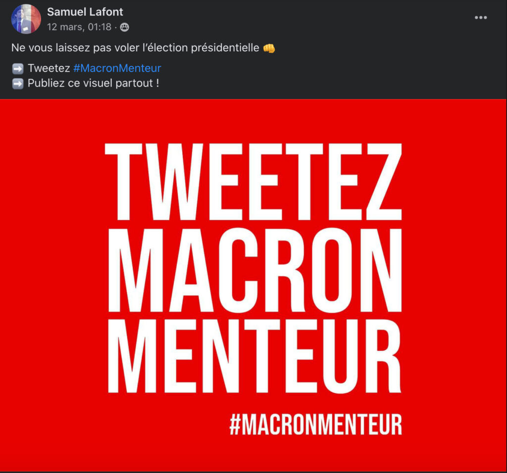 Samuel Lafont est l'un des premiers a encourager les Français à ne pas accepter le « vol » de l'élection // Source : Capture d'écran Numerama Samuel Lafont est l'un des premiers a encourager les Français à ne pas accepter le « vol » de l'élection // Source : Capture d'écran Numerama