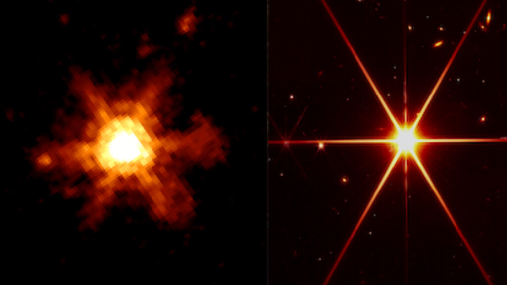 Spitzer à gauche, JWST à droite. // Source : Via Twitter @fox_ori (image recadrée) Spitzer à gauche, JWST à droite. // Source : Via Twitter @fox_ori (image recadrée)