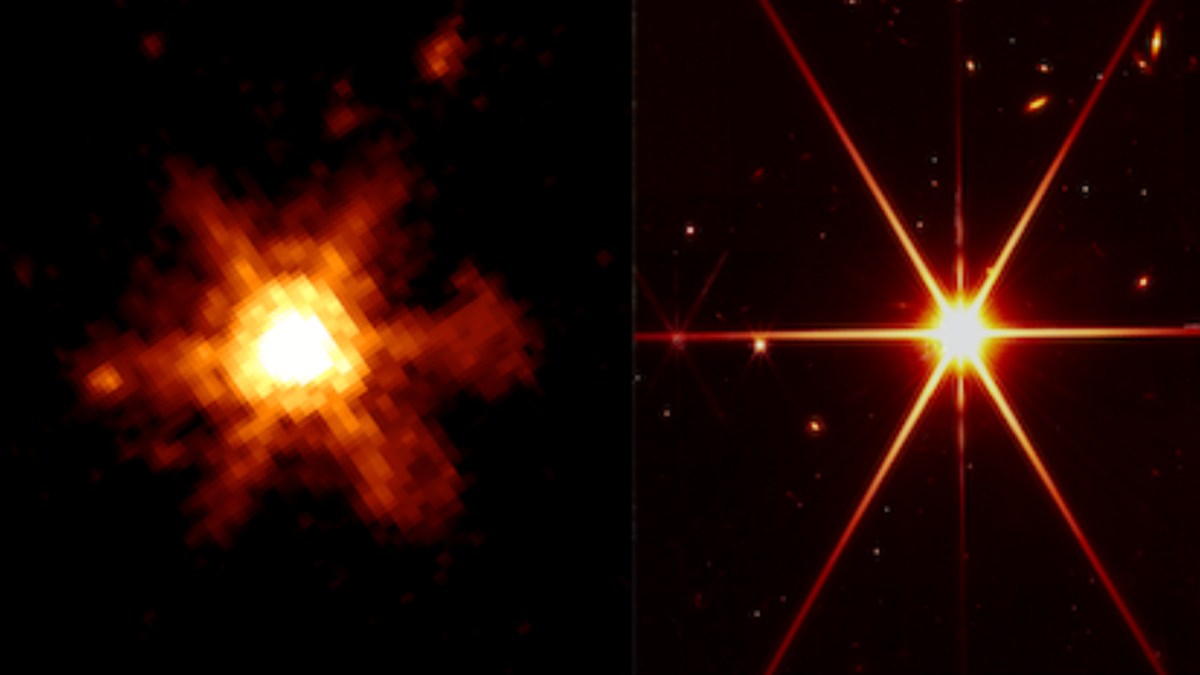 Spitzer à gauche, JWST à droite. // Source : Via Twitter @fox_ori (image recadrée) Spitzer à gauche, JWST à droite. // Source : Via Twitter @fox_ori (image recadrée)