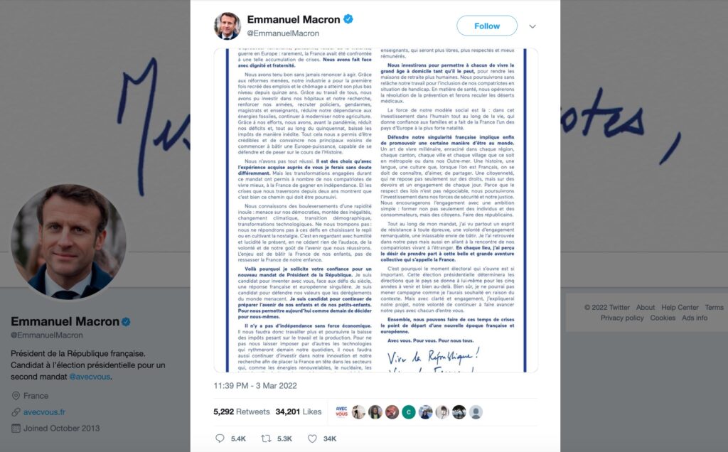 Une capture d'écran du tweet d'Emmanuel Macron contenant sa « Lettre aux Français » avant sa suppression // Source : Web Archive Une capture d'écran du tweet d'Emmanuel Macron contenant sa « Lettre aux Français » avant sa suppression // Source : Web Archive