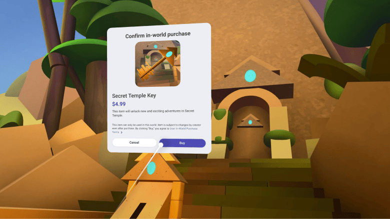 Voilà à quoi ressembelra un achat in-app dans Horizon Worlds. // Source : Meta Voilà à quoi ressembelra un achat in-app dans Horizon Worlds. // Source : Meta