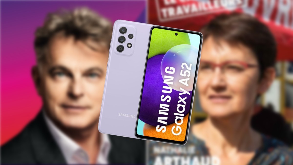 Le Samsung Galaxy A52 devant Nathalie Arthaud et Fabien Roussel // Source : Numerama Le Samsung Galaxy A52 devant Nathalie Arthaud et Fabien Roussel // Source : Numerama