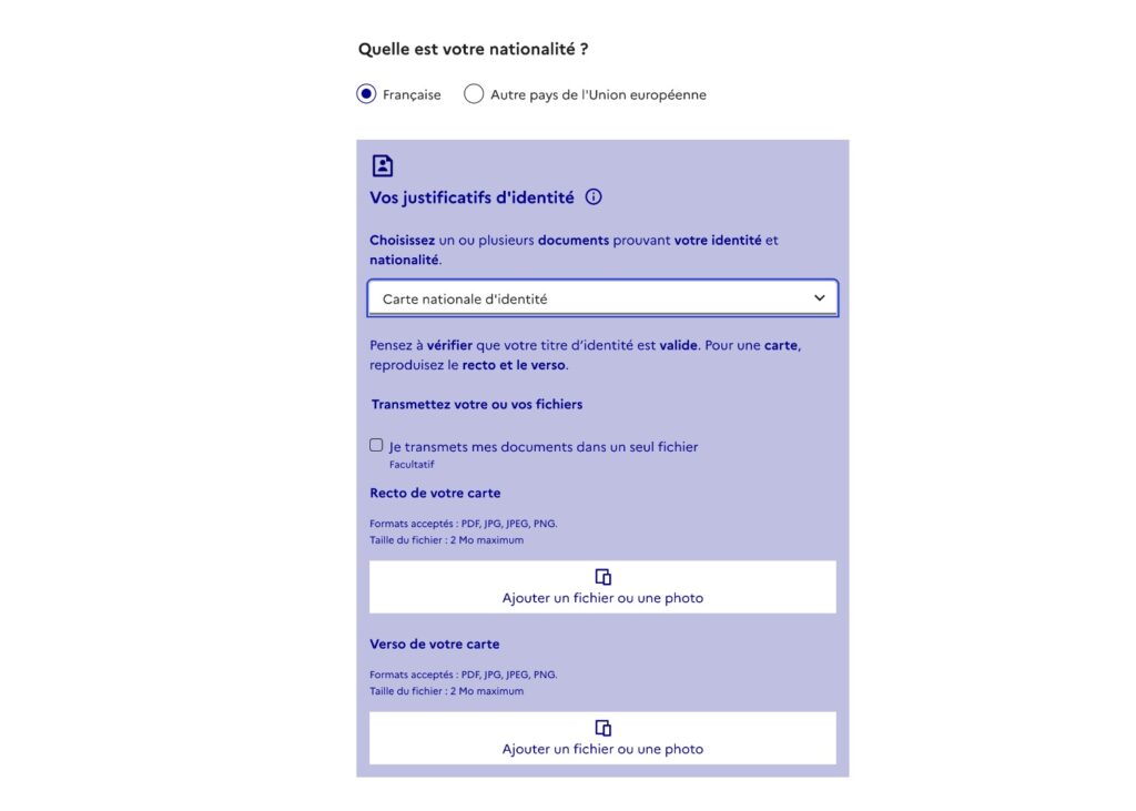 Il y a une option pour charger une photocopie recto verso de sa carte d'identité. // Source : Capture Numerama Il y a une option pour charger une photocopie recto verso de sa carte d'identité. // Source : Capture Numerama