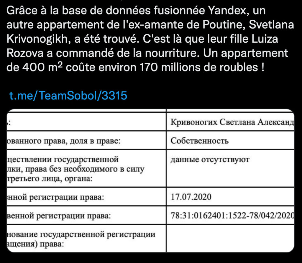Le compte Twitter de l'opposante russe Lyobov Sobol expose des informations sur la prétendue maîtresse de Vladimir Poutine. // Source : Twitter Le compte Twitter de l'opposante russe Lyobov Sobol expose des informations sur la prétendue maîtresse de Vladimir Poutine. // Source : Twitter