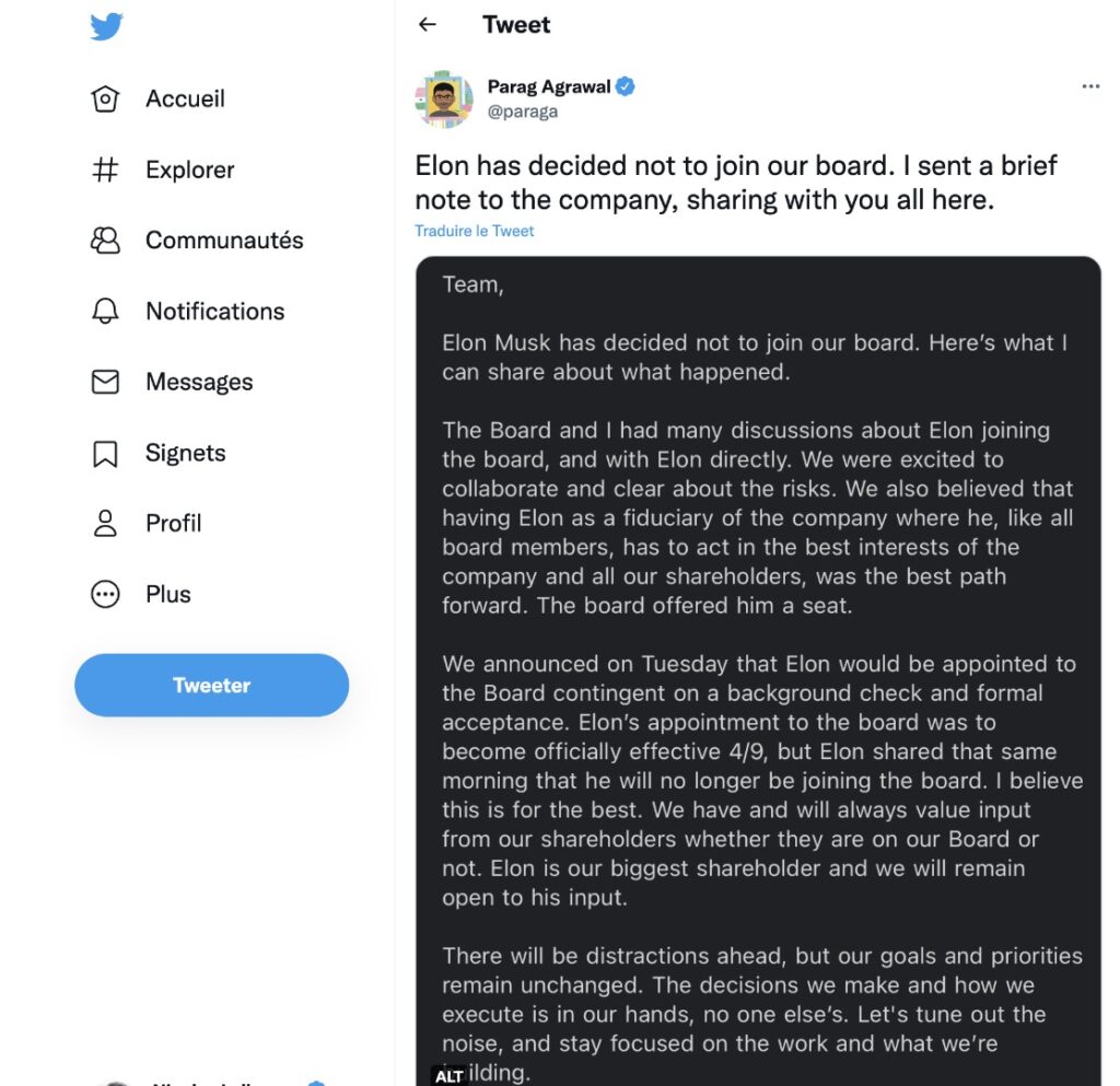 Le tweet publié par Parag Agrawal. // Source : Twitter Le tweet publié par Parag Agrawal. // Source : Twitter