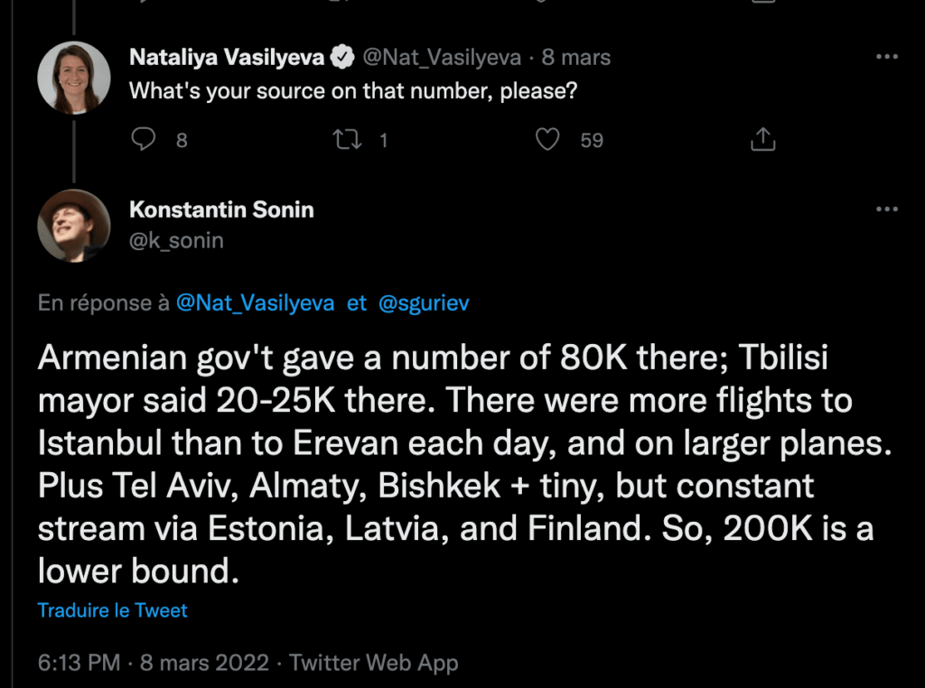Konstantin Sonin, un économiste russe avance que 80 000 citoyens russes ont fuit en Arménie et 25 000 ont débarqué à Tbilisi , capitale de la Georgie. // Source : Twitter Konstantin Sonin, un économiste russe avance que 80 000 citoyens russes ont fuit en Arménie et 25 000 ont débarqué à Tbilisi , capitale de la Georgie. // Source : Twitter