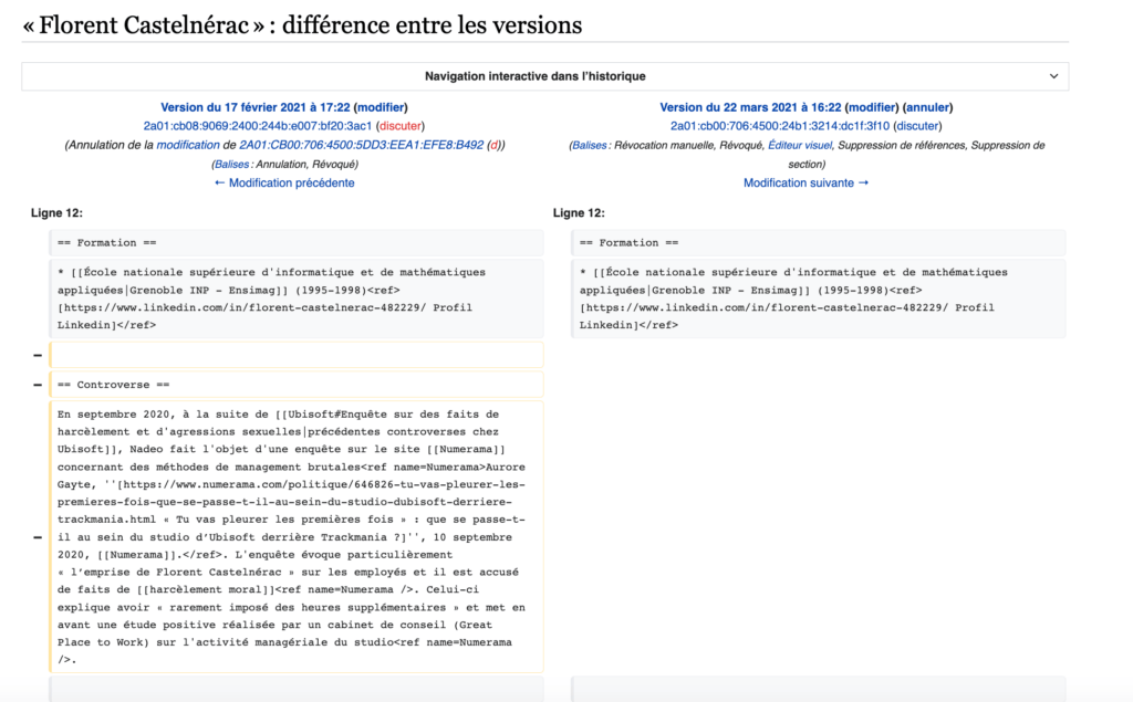 Tout le paragraphe dédié à l'affaire Nadeo a été supprimé de la page Wikipedia de Florent Castelnérac // Source : Wikipedia Tout le paragraphe dédié à l'affaire Nadeo a été supprimé de la page Wikipedia de Florent Castelnérac // Source : Wikipedia