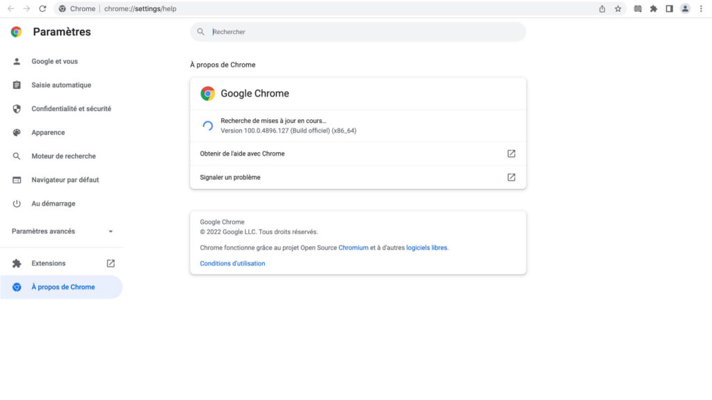Recherche de mises à jour dans Chrome. // Source : Capture d'écran Chrome Recherche de mises à jour dans Chrome. // Source : Capture d'écran Chrome