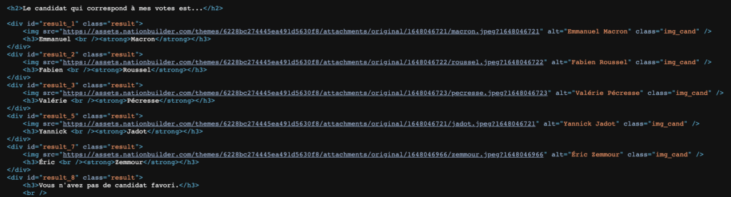 Emmanuel Macron, Valérie Pécresse, Yannick Jadot et Fabien Roussel apparaissent dans le code source de la page // Source : Capture d'écran Numerama Emmanuel Macron, Valérie Pécresse, Yannick Jadot et Fabien Roussel apparaissent dans le code source de la page // Source : Capture d'écran Numerama