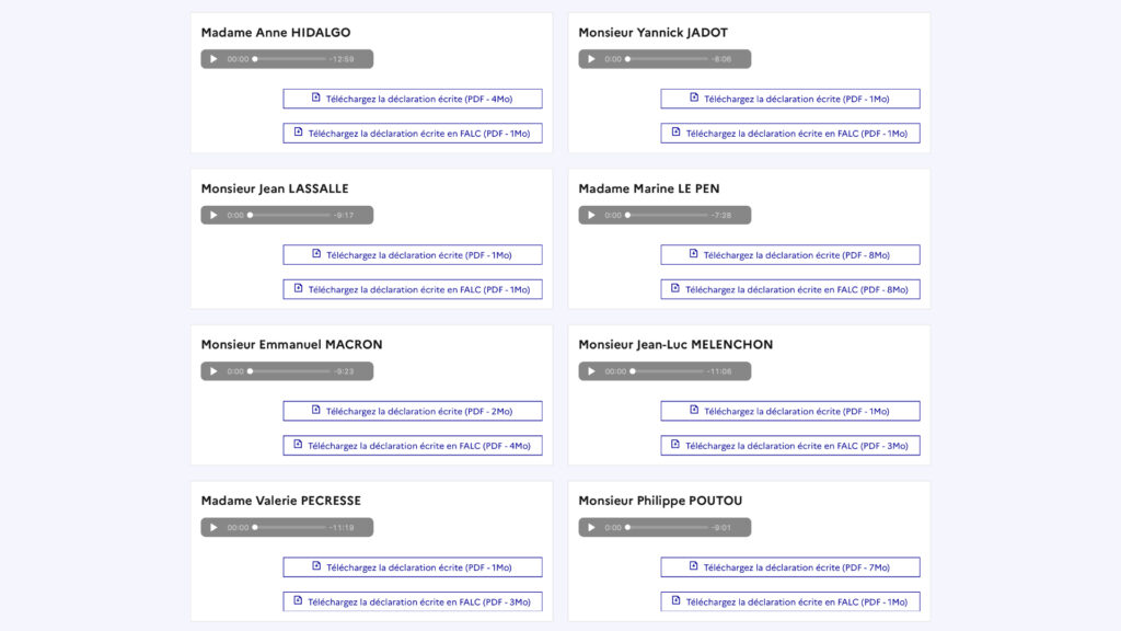 Déclarations de divers candidats et candidates. // Source : CNCCEP (capture d'écran) Déclarations de divers candidats et candidates. // Source : CNCCEP (capture d'écran)