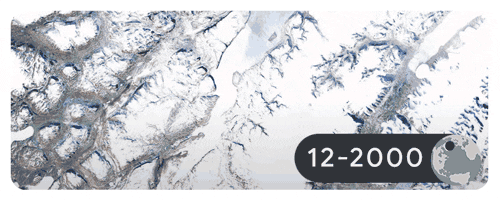 Évolution du glacier entre 2000 et 2020. // Source : Google Évolution du glacier entre 2000 et 2020. // Source : Google