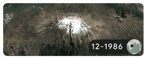 Évolution du Kilimanjaro entre 1986 et 2020. // Source : Google Évolution du Kilimanjaro entre 1986 et 2020. // Source : Google