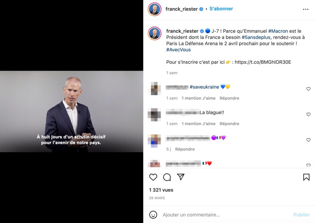 Franck Riester, le ministre délégué chargé du commerce extérieur, a publié plusieurs fois sur Instagram en appelant à voter pour Emmanuel Macron // Source : Capture d'écran Numerama Franck Riester, le ministre délégué chargé du commerce extérieur, a publié plusieurs fois sur Instagram en appelant à voter pour Emmanuel Macron // Source : Capture d'écran Numerama