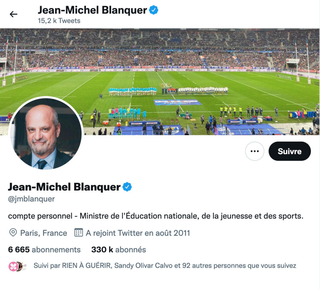 Le compte Twitter de Jean-Michel Blanquer serait « personnel » // Source : Capture d'écran Numerama Le compte Twitter de Jean-Michel Blanquer serait « personnel » // Source : Capture d'écran Numerama
