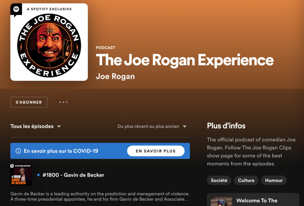 Le message d'information sur le Covid que Spotify a mis avant les podcasts de Joe Rogan // Source : Capture d'écran Numerama Le message d'information sur le Covid que Spotify a mis avant les podcasts de Joe Rogan // Source : Capture d'écran Numerama