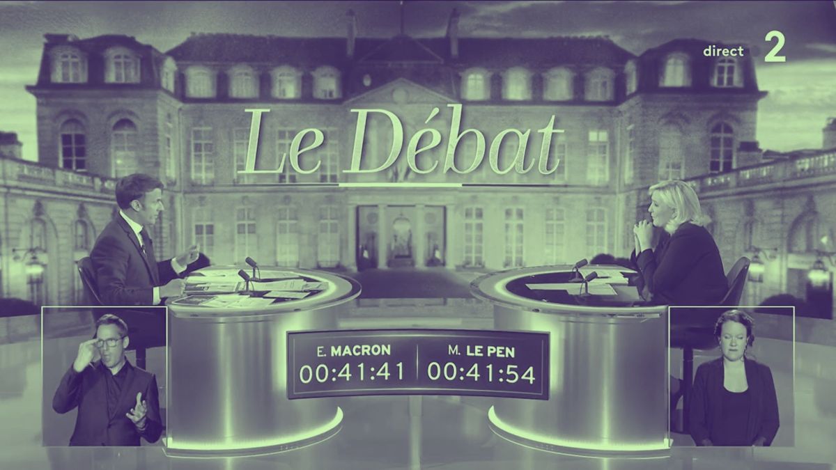 Extrait du débat entre Le Pen et Macron pour le 2nd tour 2022. // Source : France2/TF1 Extrait du débat entre Le Pen et Macron pour le 2nd tour 2022. // Source : France2/TF1