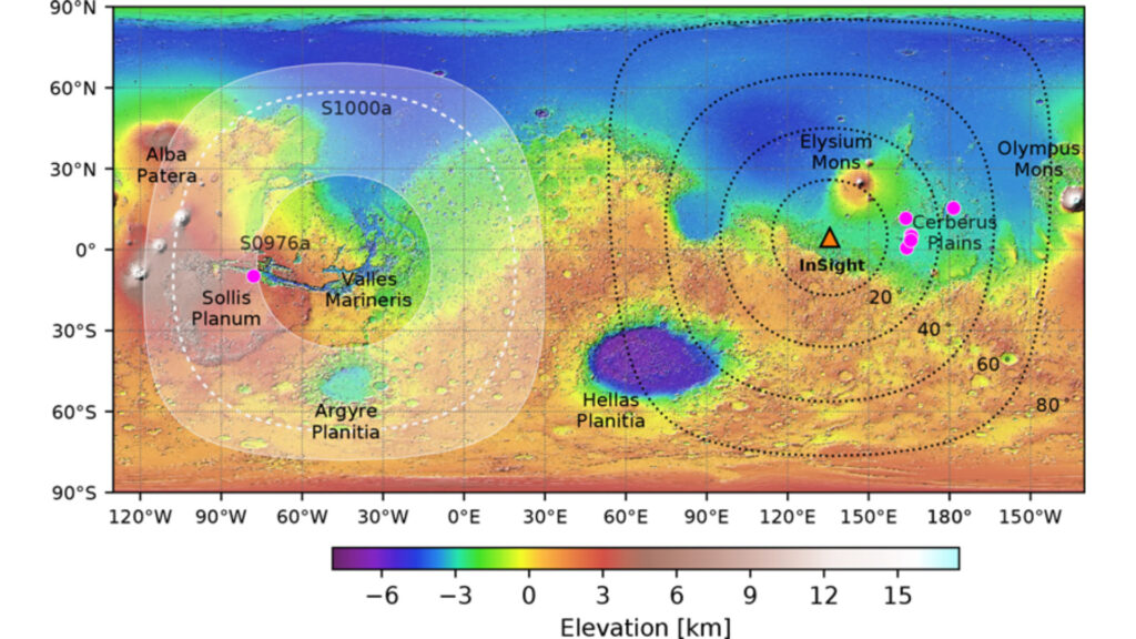 Carte de Mars. On voit l'emplacement d'InSight et la localisation des deux séismes. // Source : Horelston et al. (2022) TSR Carte de Mars. On voit l'emplacement d'InSight et la localisation des deux séismes. // Source : Horelston et al. (2022) TSR