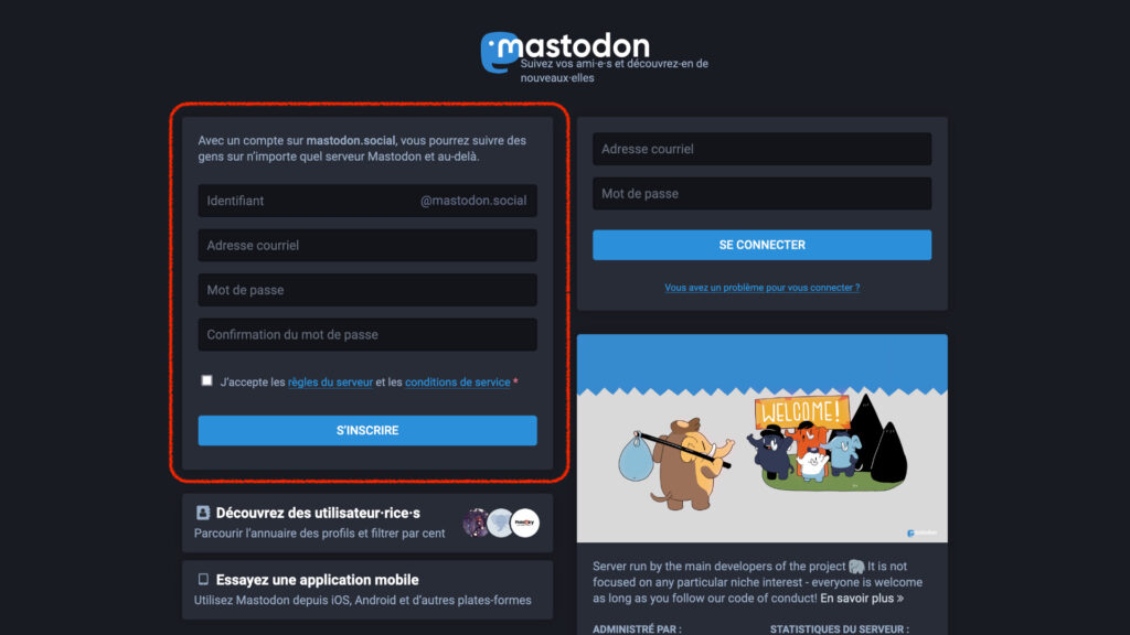 Le formulaire d'inscription. // Source : Capture d'écran Mastodon Le formulaire d'inscription. // Source : Capture d'écran Mastodon