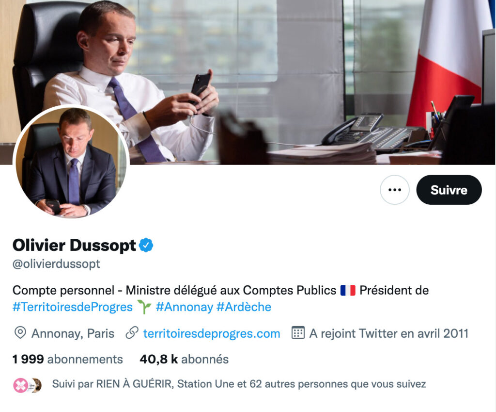 Le compte de Mr Dussopt indique être personnel devait au moins le mois de mars // Source : Capture d'écran Numerama Le compte de Mr Dussopt indique être personnel devait au moins le mois de mars // Source : Capture d'écran Numerama