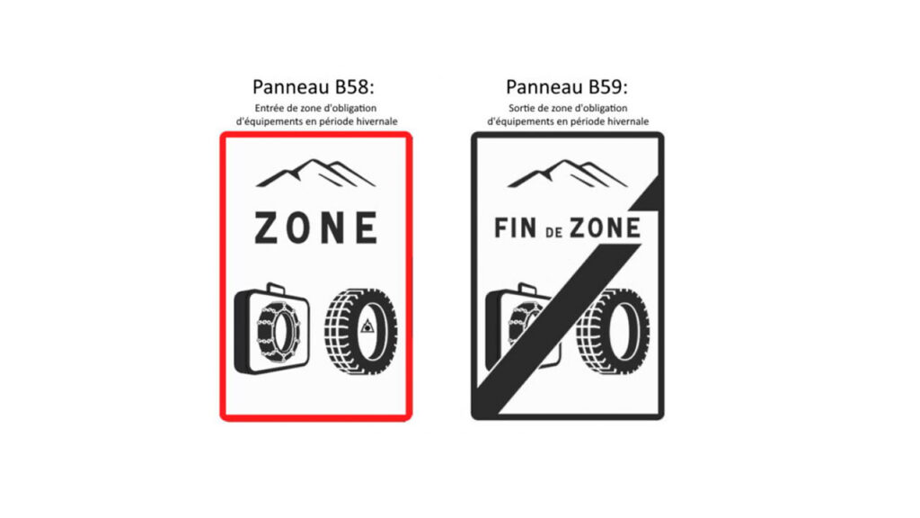 Panneau de zone "Loi Montagne" // Source : Syndicat des professionnels du pneu Panneau de zone "Loi Montagne" // Source : Syndicat des professionnels du pneu