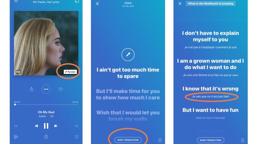Comment accéder à la traduction des paroles sur Deezer. // Source : Captures d'écran Numerama
