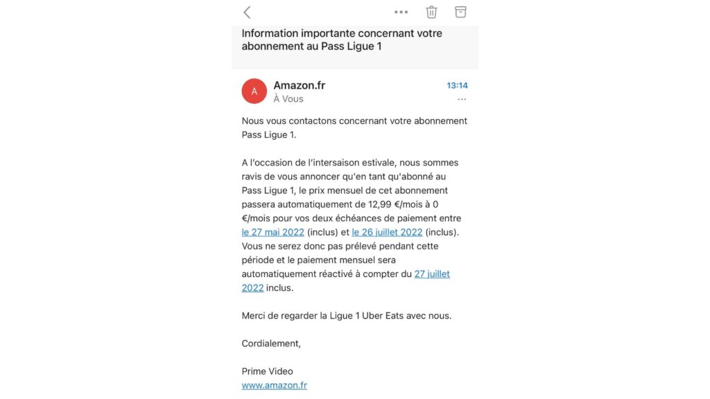 Voici le mail envoyé par Amazon à ses abonnés Ligue 1. // Source : Capture Maxime Claudel / Numerama