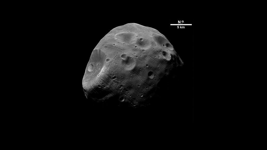 Phobos, la lune de Mars. // Source : Wikimedia/CC/European Space Agency (image recadrée) Phobos, la lune de Mars. // Source : Wikimedia/CC/European Space Agency (image recadrée)