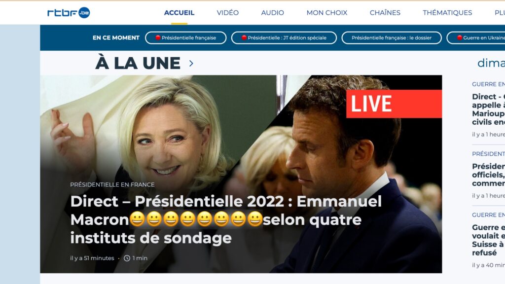 De grands médias belges comme la RTBF ont déjà publié des sondages sortie des urnes. // Source : Capture d'écran RTBF