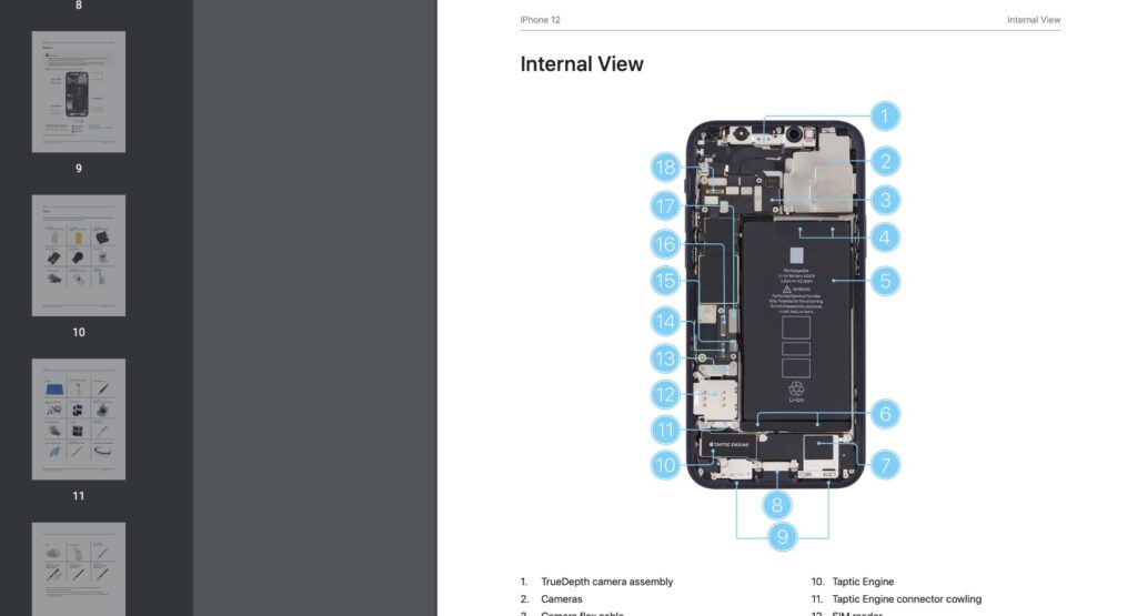 Le guide de réparation d'un iPhone 12 sur le site d'Apple. // Source : Apple Le guide de réparation d'un iPhone 12 sur le site d'Apple. // Source : Apple