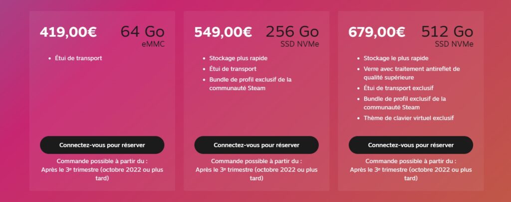 Les trois modèles du Steam Deck. // Source : Valve Les trois modèles du Steam Deck. // Source : Valve