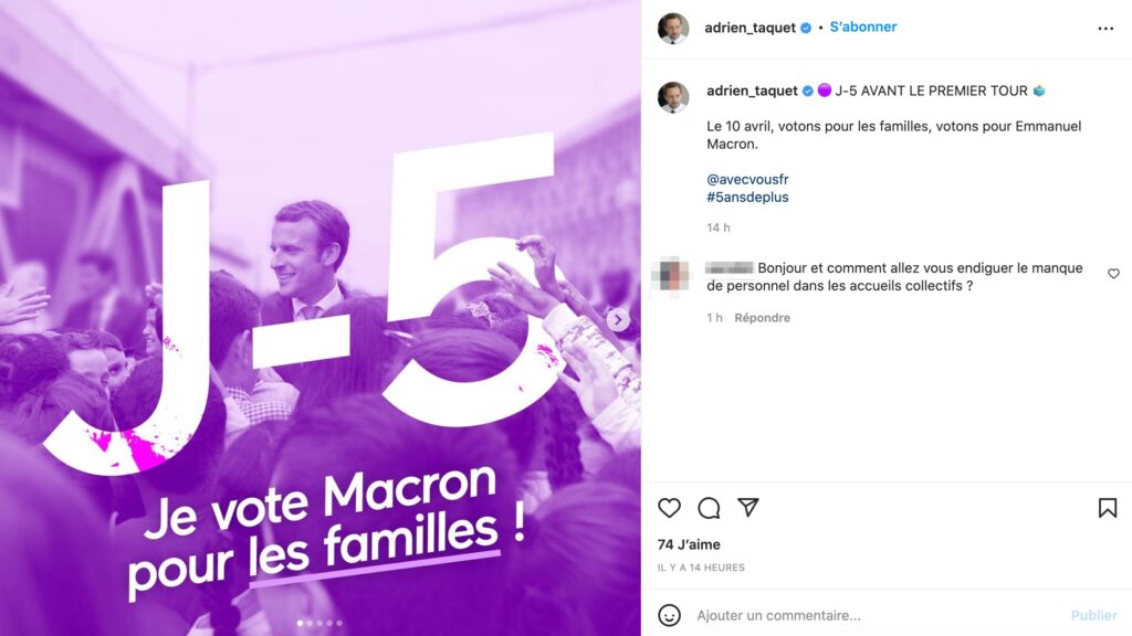 Adrien Taquet a, lui aussi, appelé à voter pour Emmanuel Macron sur son compte Instagram // Source : Capture d'écran Numerama Adrien Taquet a, lui aussi, appelé à voter pour Emmanuel Macron sur son compte Instagram // Source : Capture d'écran Numerama